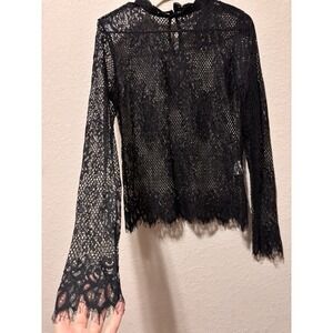 Open Knit Black Sheer Lace Top Mock Neck Eyelash Fringe Gothic Whimsigoth M